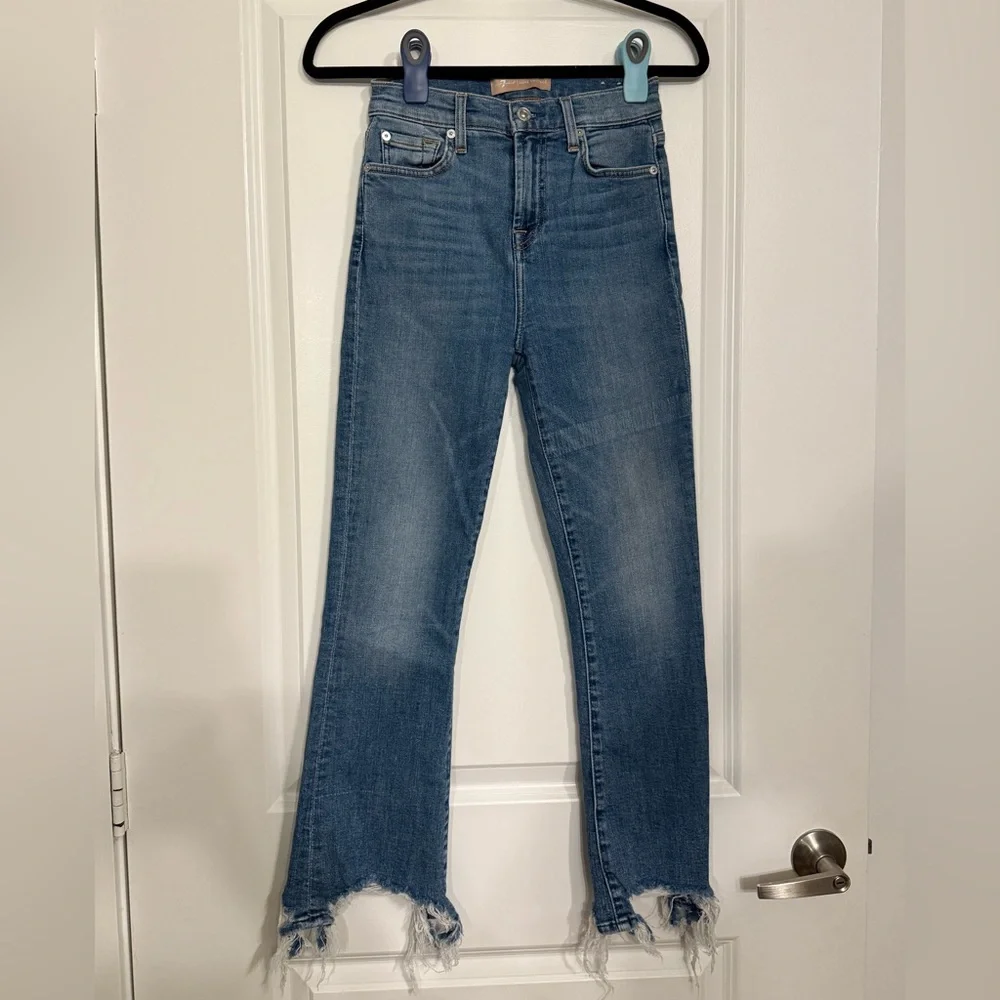 7 For All Mankind High Waist Slim Kick Jeans with Shredded Frayed Hem Size 25 - Picture 2 of 9